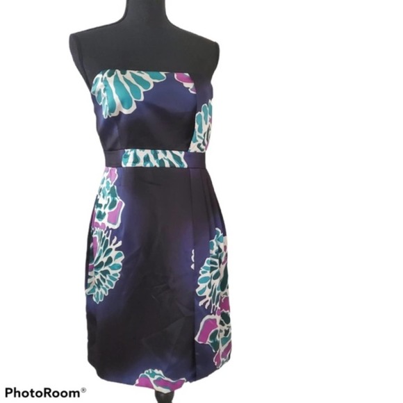 TIBI Anthropologie  Sz 2 Silk Dress Strapless Blue Teal Purple Floral - Picture 9 of 10